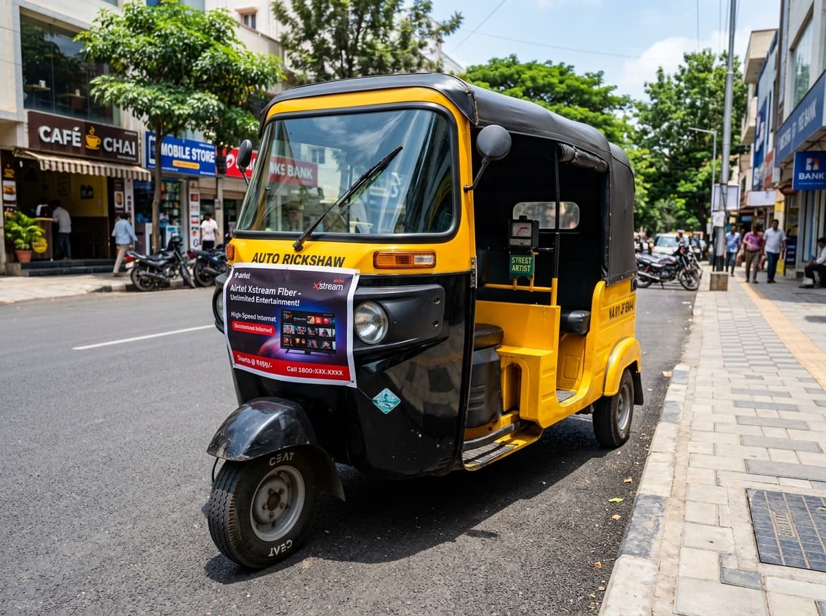 Realistic Indian auto rickshaw with high visibility advertising banner on city street